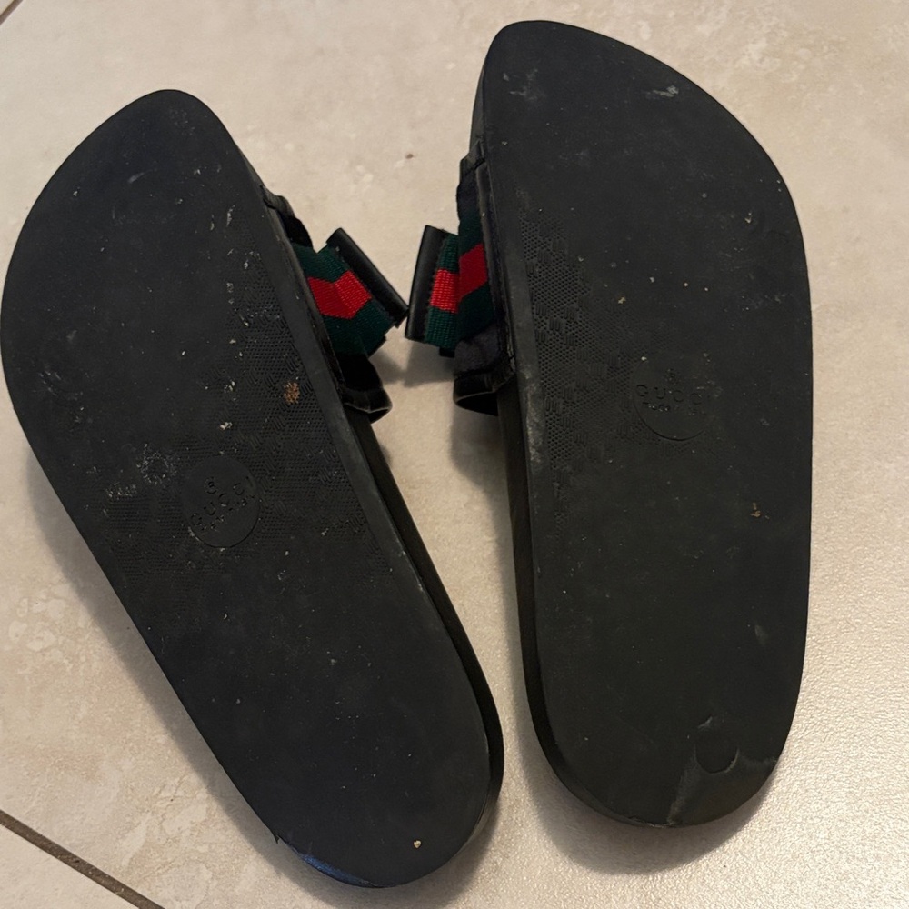 Black Slide Sandals with Green and Red Striped Strap - Picture 4 of 7